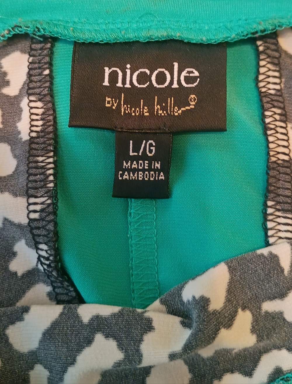 Nicole Miller Black White Abstract Top Aqua Trim Cap Sleeve Size L EUC - Picture 4 of 10
